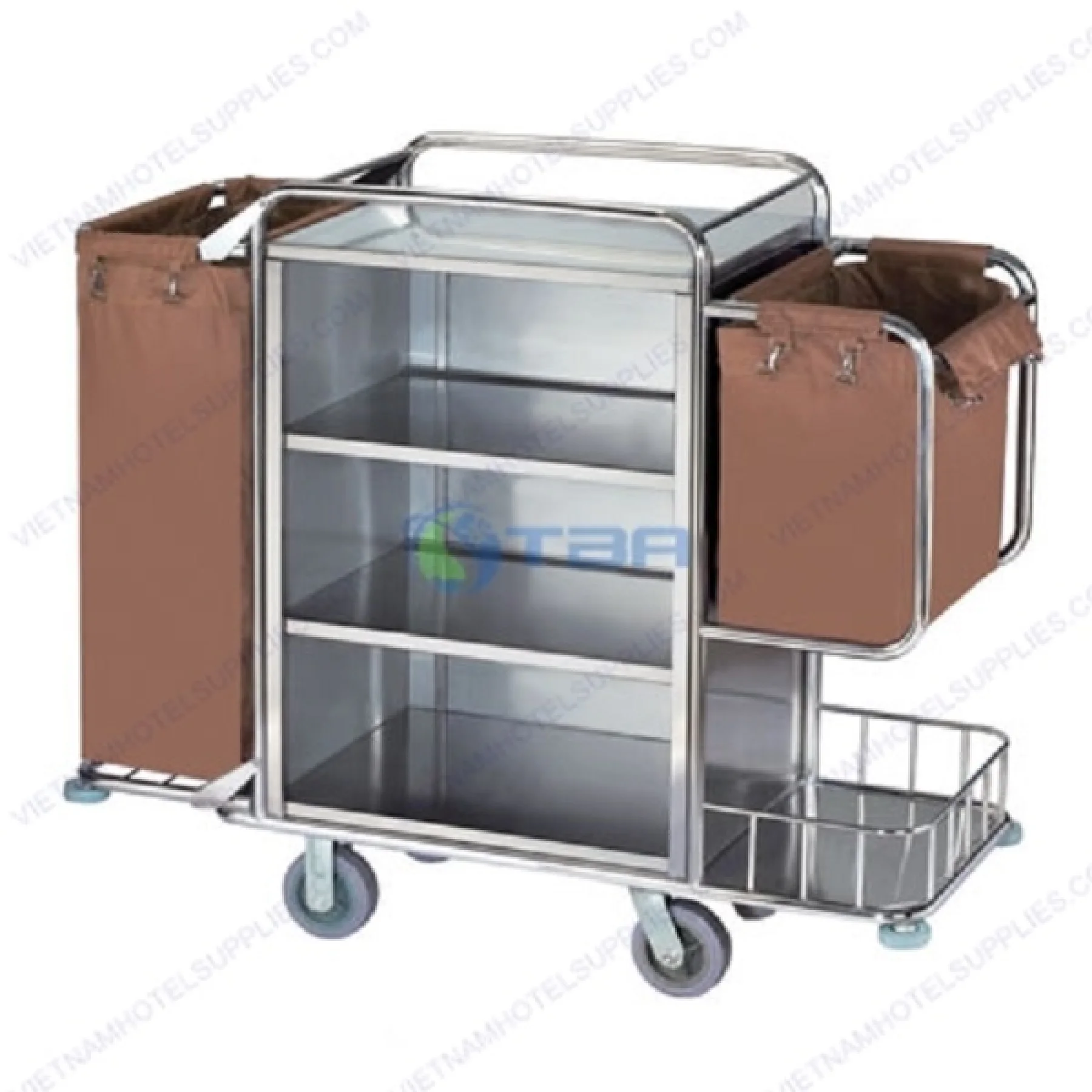 Xe dọn vệ sinh buồng phòng đôi inox ba tầng