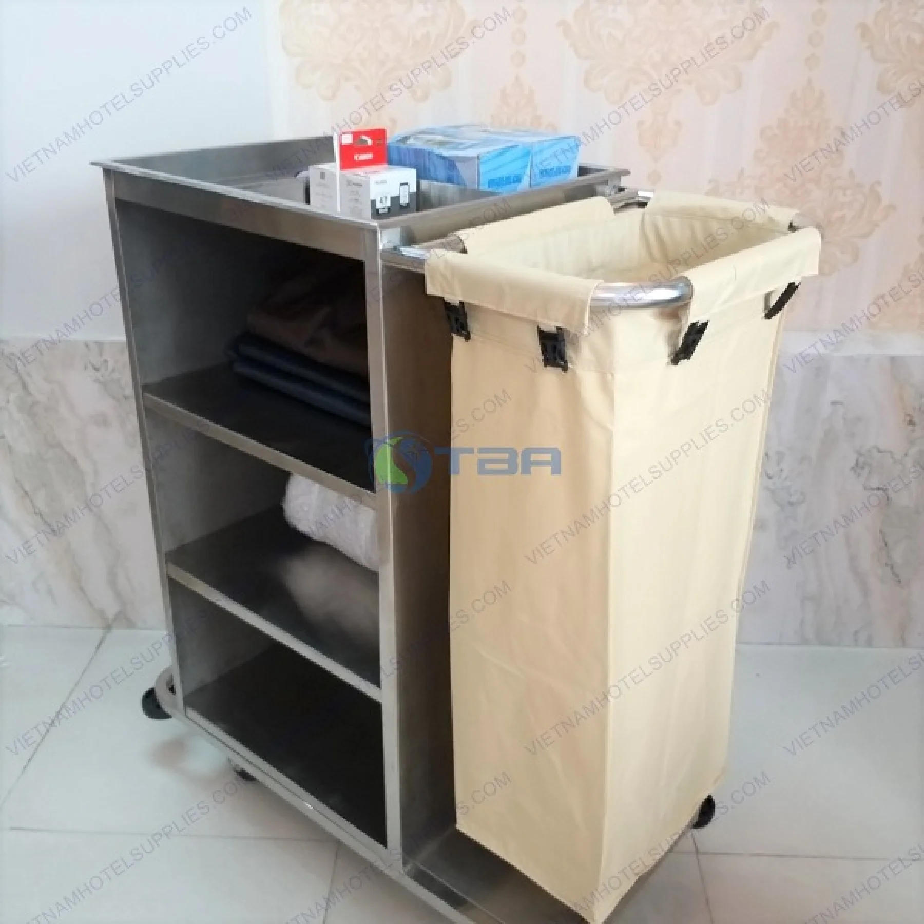 Xe làm vệ sinh buồng phòng inox ba tầng túi đơn