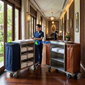 Xe đẩy dọn phòng khách sạn inox ba tầng